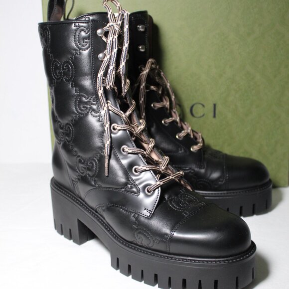 NWB Gucci GG Embossed Matelasse Cordovan Lux Nappa Lace Up Boots Booties 718386 - Picture 2 of 8
